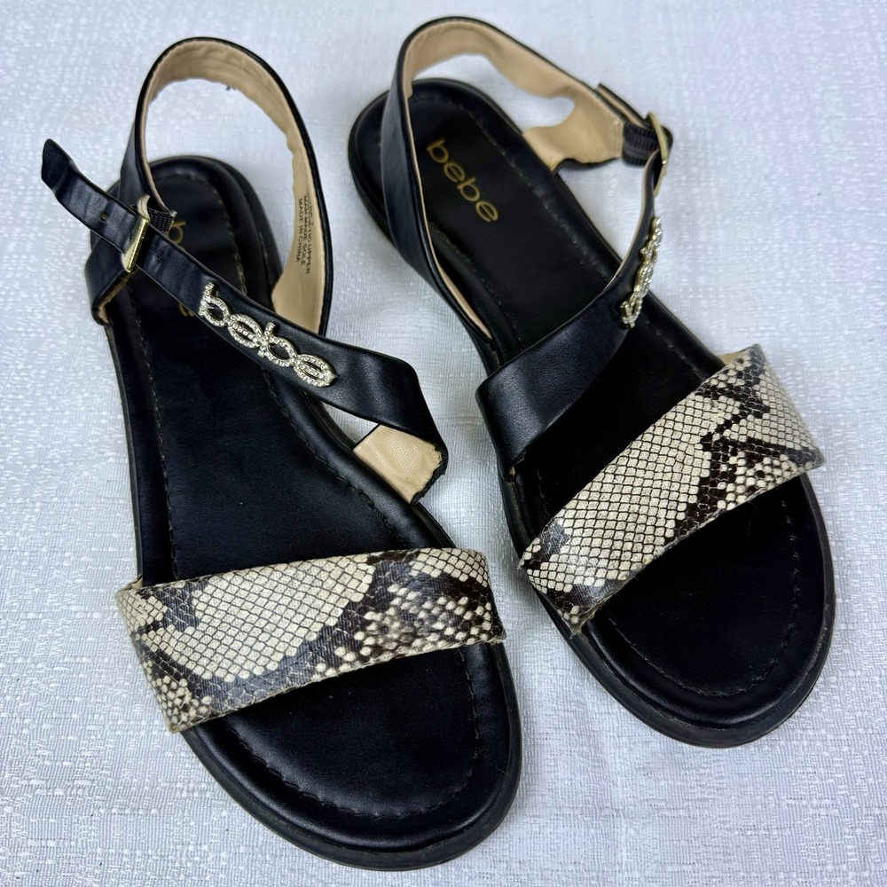 Bebe Leyra Snakeskin Print Rhinestone Ankle Strap Buckle Flat Sandal Size 7
